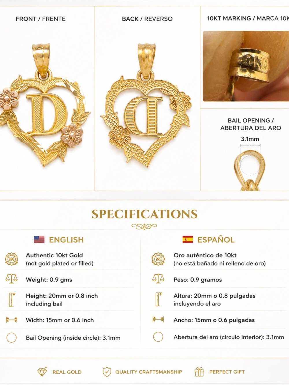 10kt Gold Heart Initial Pendant D